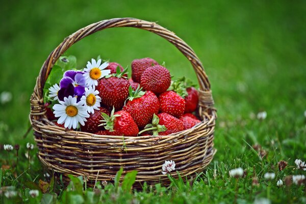 Sommerkorb mit Erdbeeren und Blumen