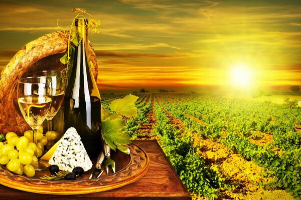 Papier peint photo avec l image du vin de fromage de raisin dans la nature