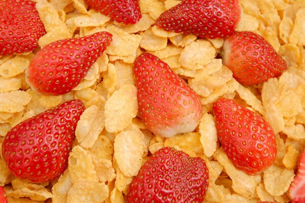 Cornflakes mit der Zugabe von frischen Erdbeeren