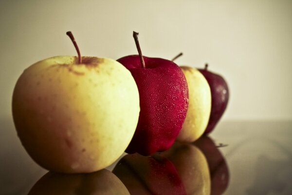 A row of yellow, red and brown apples stands on a mirror surface