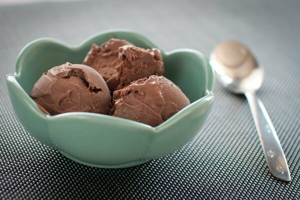 Trois boules de crème glacée au chocolat sur une assiette
