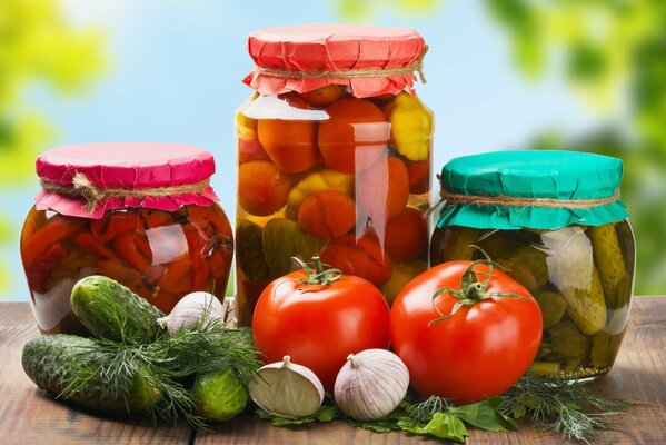 A variety of preparations for the winter. Cans of vegetables