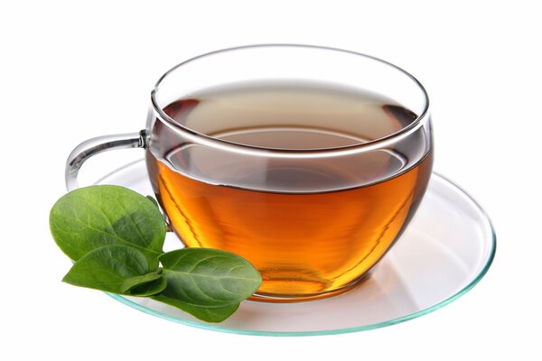 A cup of tea on a saucer. White background