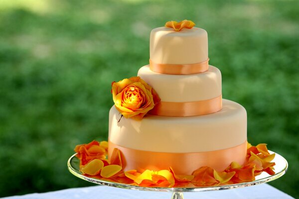 Deliziosa torta grande con nastri arancioni che sono decorati con rose e petali gialli