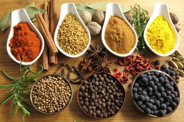 Bowls with spices on the table are beautifully placed