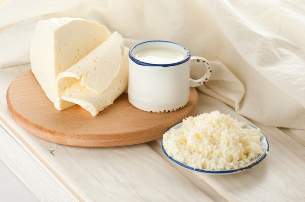 Taza de leche y queso en platillo