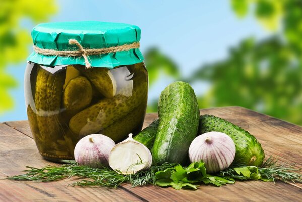 Pickled cucumbers together with fresh