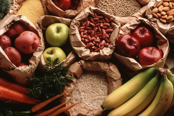 Fruits and vegetables in paper bags