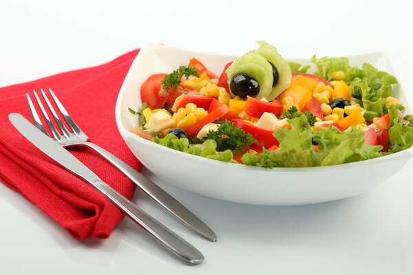 A plate with a salad of fresh vegetables. Cutlery on a napkin