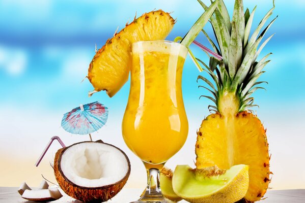 A beautiful cocktail in a glass decorated with pineapple