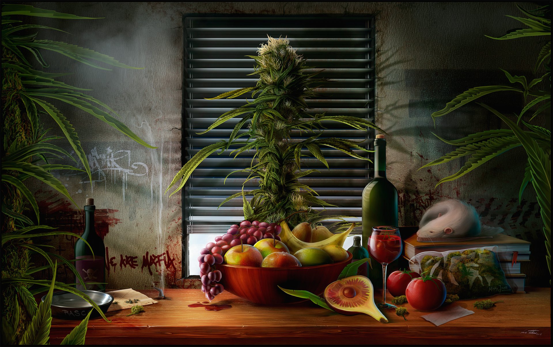 table nature morte plaque pommes banane raisin poires vin bouteille herbe buisson livre fenêtre stores paquet rat