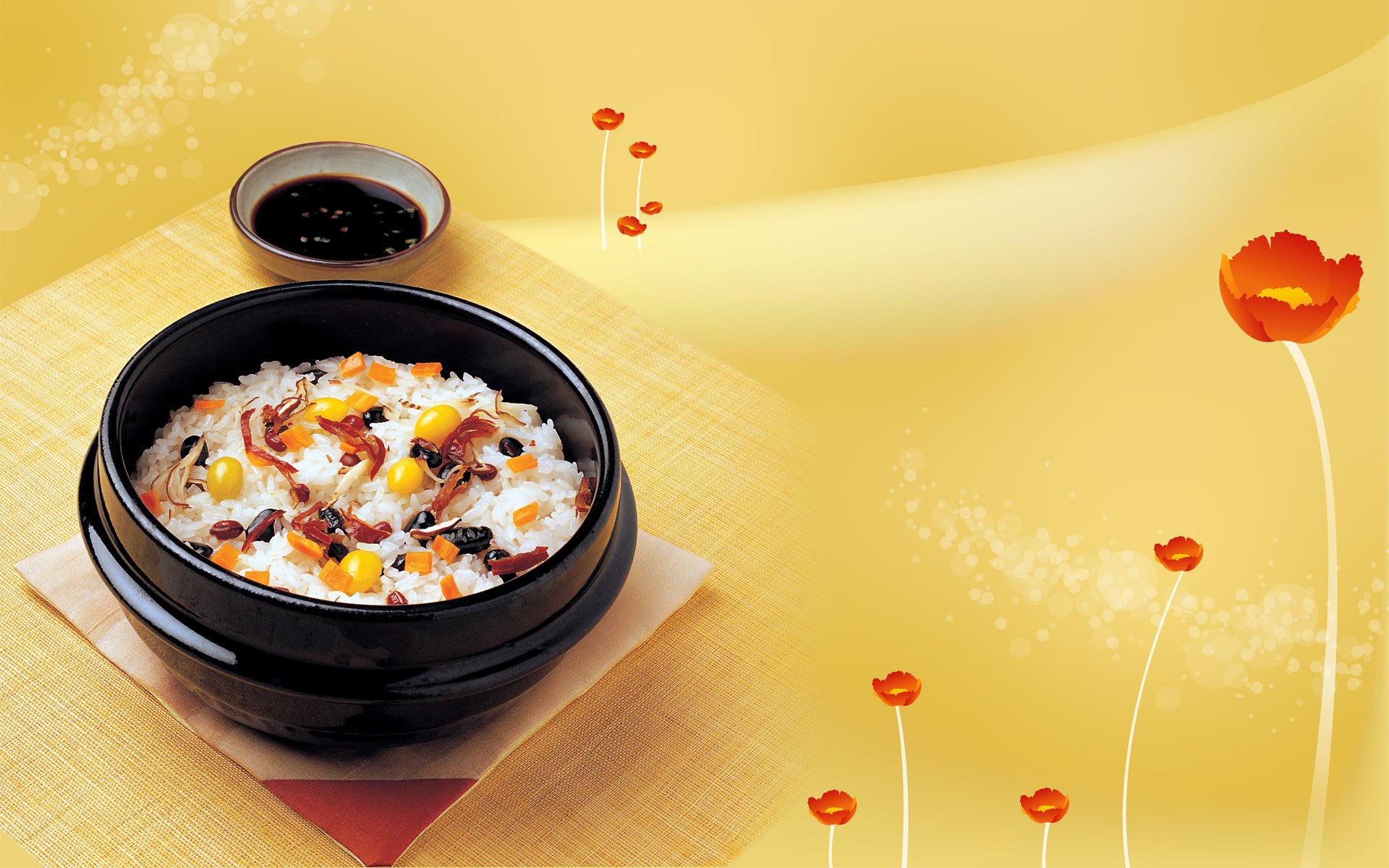 food eggs cup the second carrots torment olives soy sauce china japan style flower yellow background