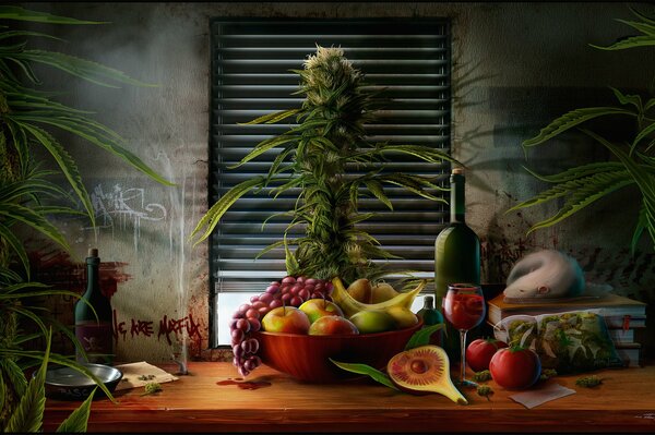 Ratto in natura morta di mele, banane, verdure e vino