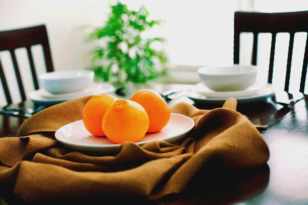 Three oranges on a white plate on a table with a brown tablecloth and black chairs on the background