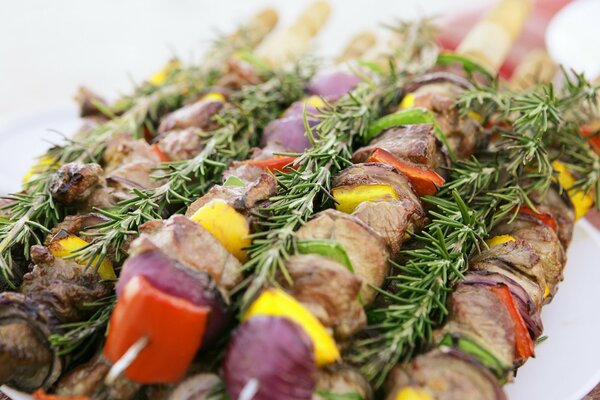 Viande délicieuse avec des légumes sur des brochettes et des brins de verdure