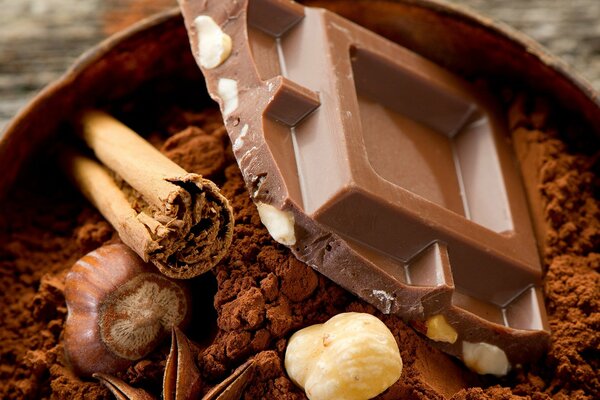 Photo in chocolate tones: chocolate, cinnamon, nuts and star anise on a cocoa background