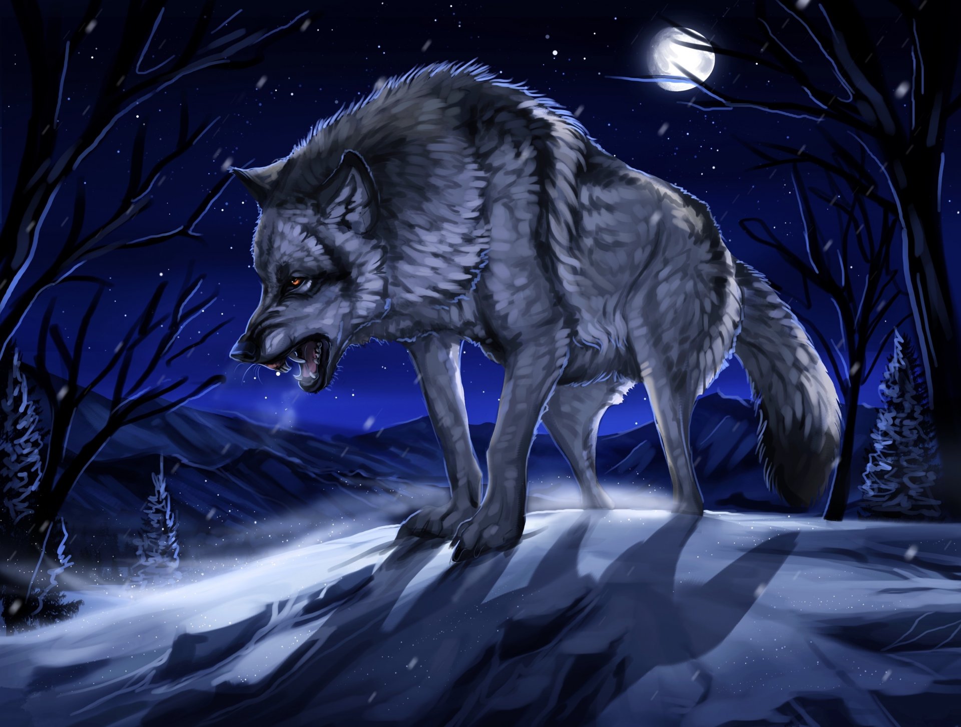 nacht wald schnee winter mond wolf grinsen kunst zeichnung