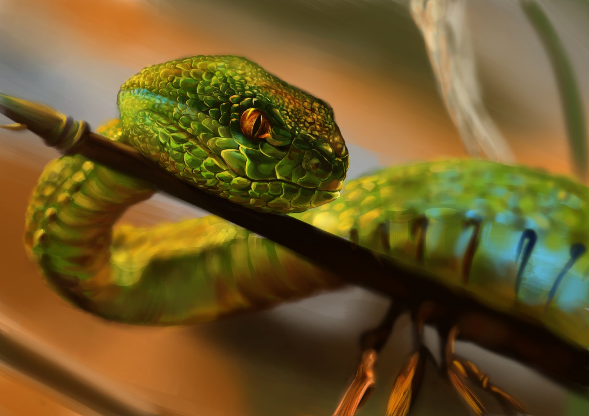 serpiente verde arrastrándose rama vista escamas naturaleza