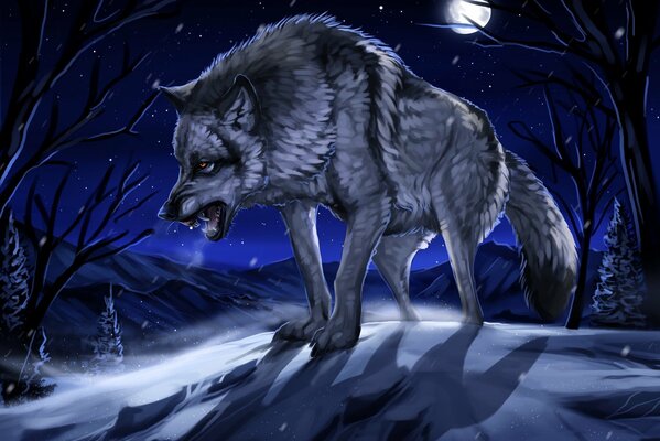 Angry wolf in the snow under the moon