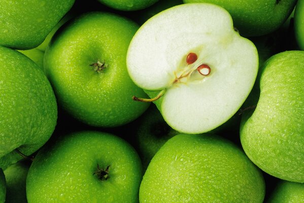 Green apples with dew drops