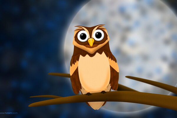 Drawing of an owl on the background of the moon