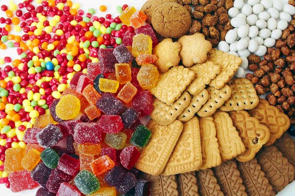 Bright scattering of sweets and cookies