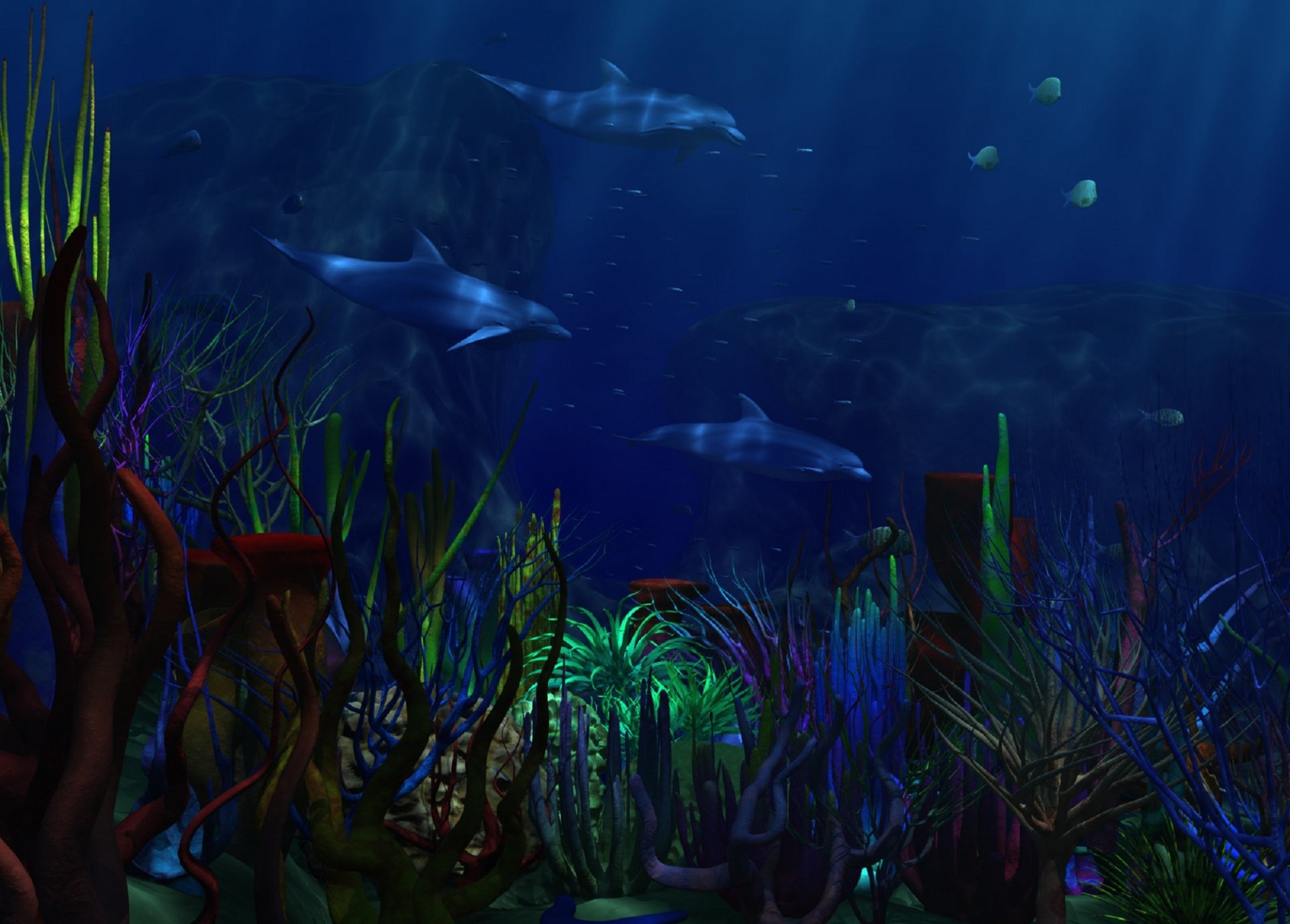 underwater world sea dolphins algae corals . dark blue background fonsiny