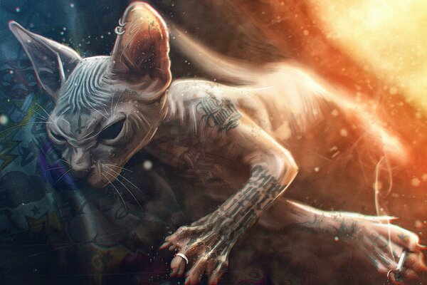 Gato de la raza Sphynx con tatuajes