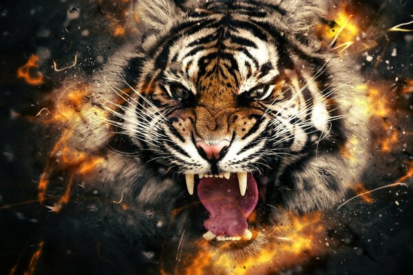 The head of a formidable tiger is on fire