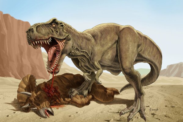 A Tyrannosaurus with a bloody mouth stands over a slain dinosaur