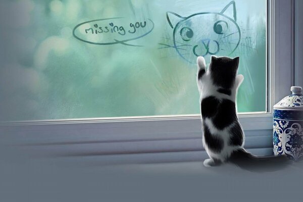 Kleines Kätzchen auf der Fensterbank spielt mit dem Bild auf dem Glas