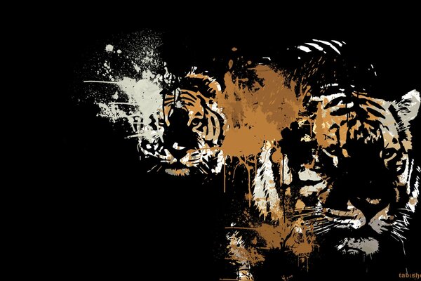 Art painting on a black background of tigers