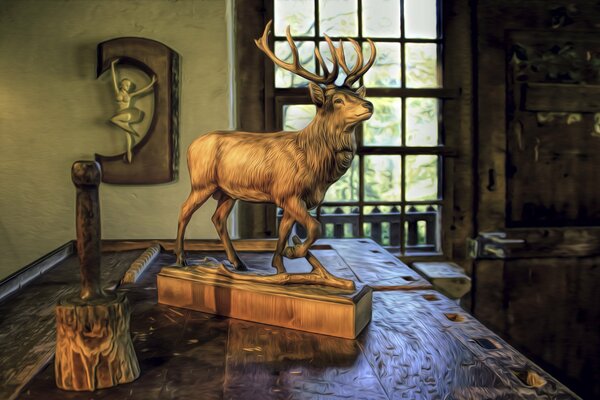 Statuette de cerf sculptée en bois