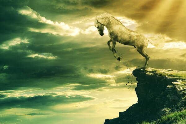 Rock. A white horse jumps off a cliff. White Horse