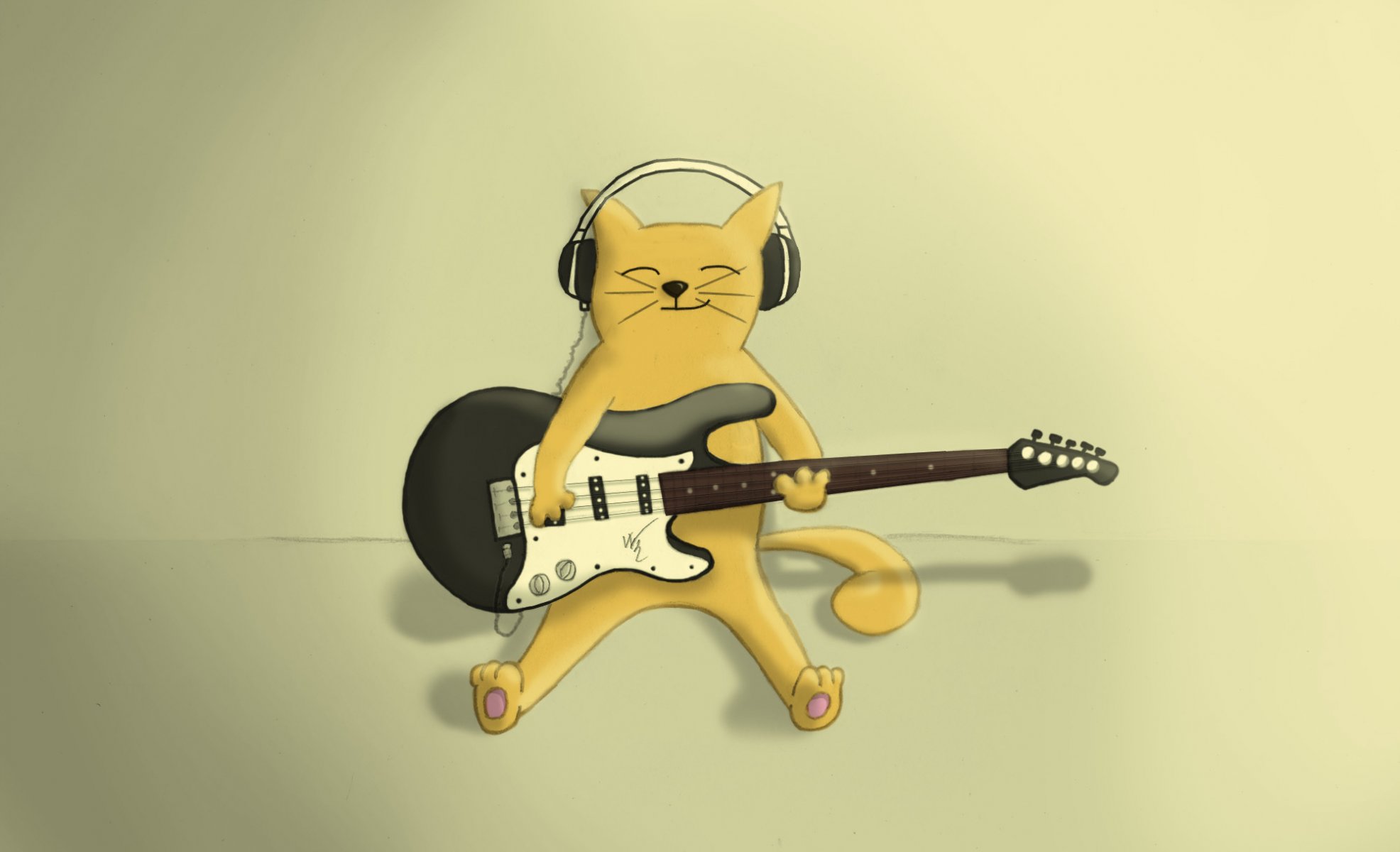 gato guitarra auriculares juega sonrisa