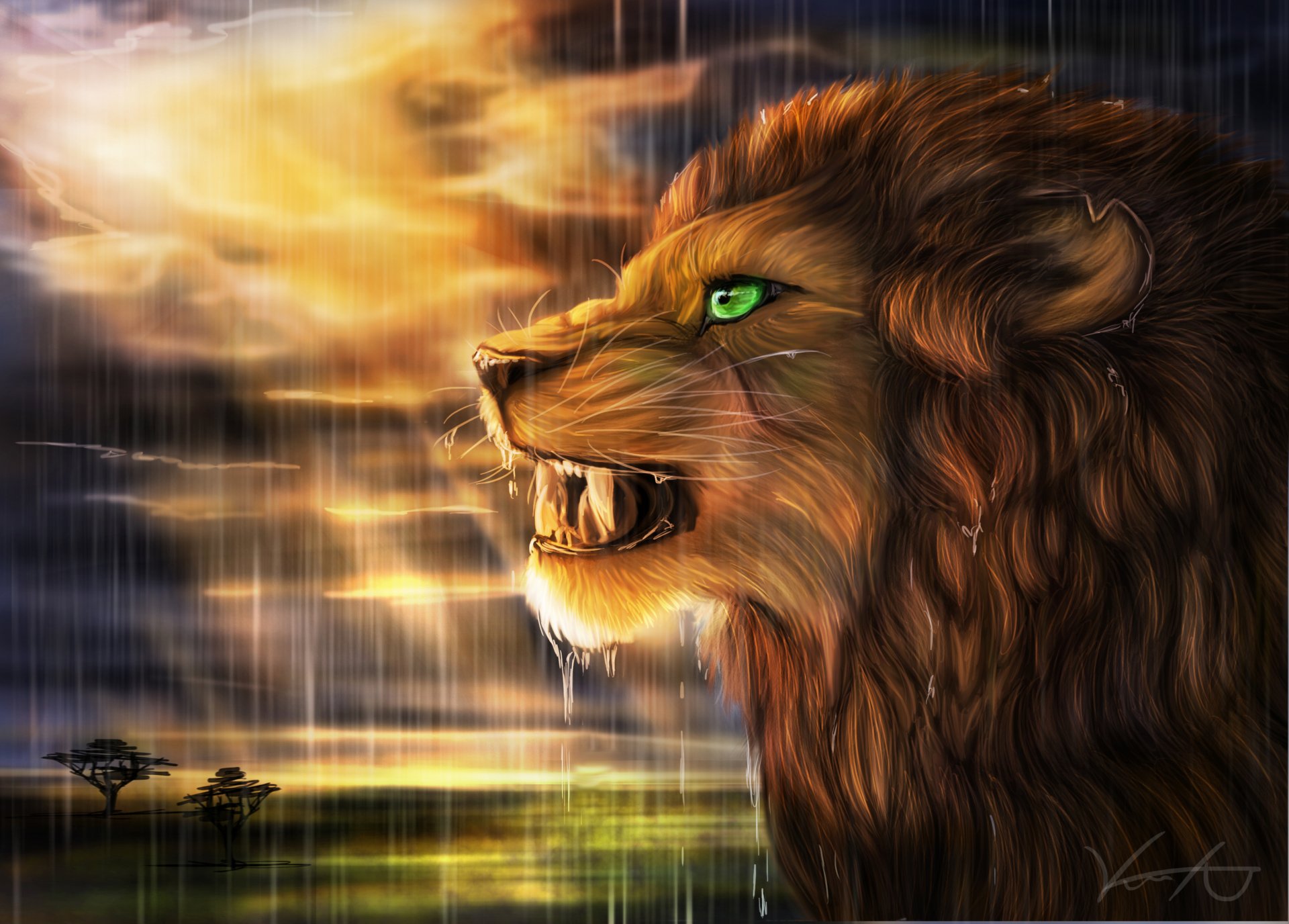 arte goldenphoenix100 león gato montés depredador perfil lluvia sol sabana