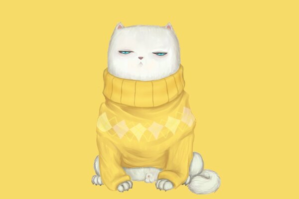 Painted white cat on a yellow background, in a yellow sweater