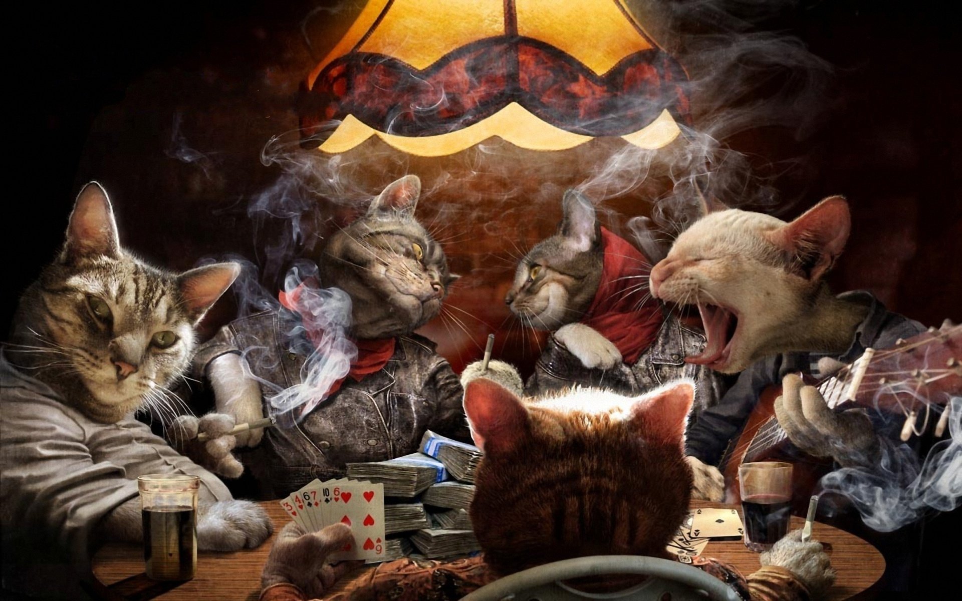 cats cards cigarettes smoke guitars money