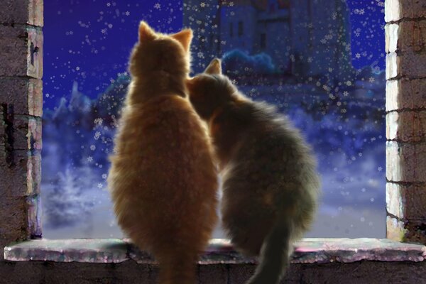 Gato y gato en la ventana mirando la nieve que cae