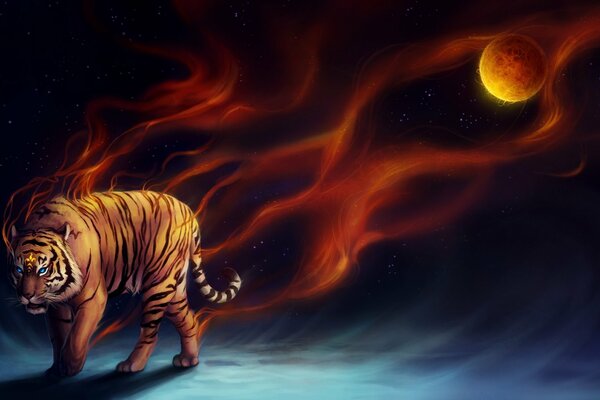 Arte del tigre de fuego que se aleja del planeta