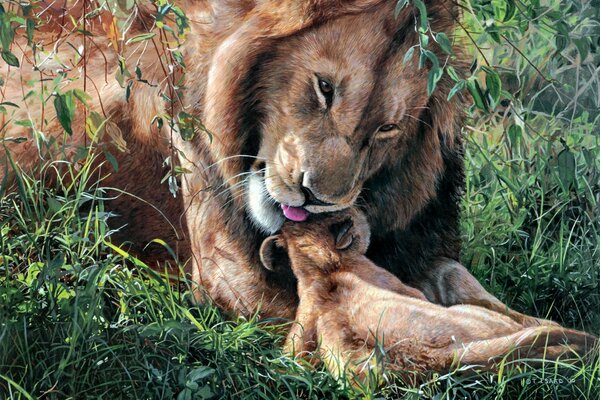 Leo father caresses his baby