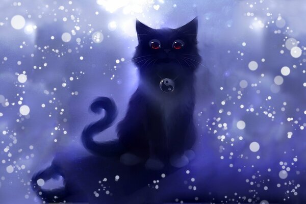 Chaton noir avec des yeux rouges et amulette Yin-Yang sur fond de bulles blanches dans des tons bleus