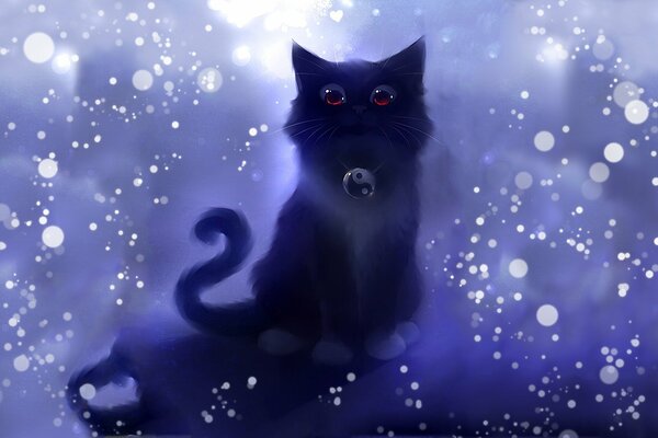Чёрный котёнок с красными глазами и амулетом инь-ян на фоне белый пузырей в синих тонах