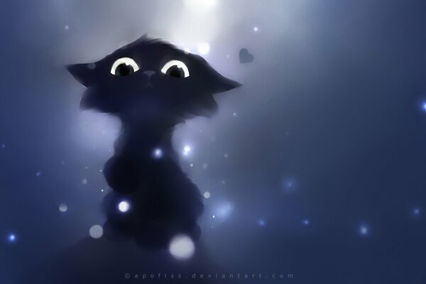 Рисунок черного кота, который мило смотрит вз