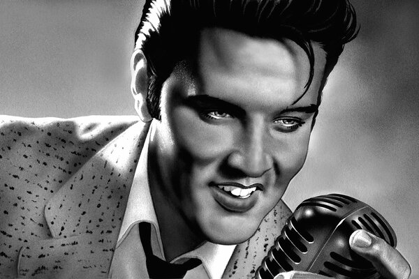 Retrato del músico Elvis Presley con un micrófono a lápiz