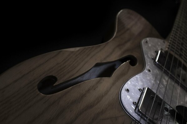 Macro photo of a six-string electric guitar