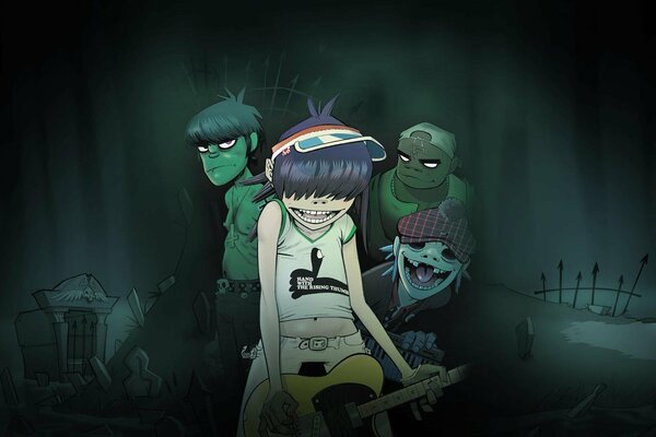 Personajes de dibujos animados 2D Gorillaz en el cementerio