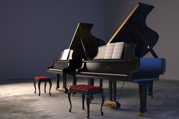 Two grand pianos in an empty room