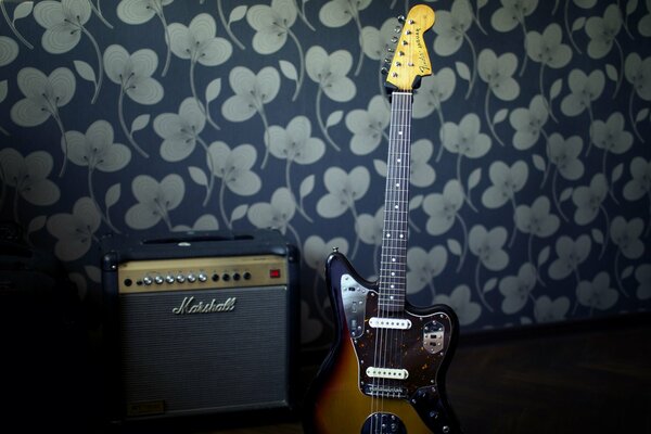 A guitar with an amplifier stands against the wall