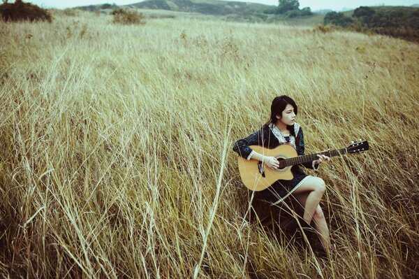 Ragazza con la chitarra nel campo